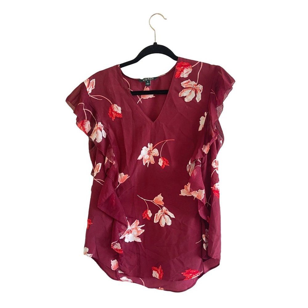 Lauren Ralph‎ Lauren Floral Deep V Neck Ruffled Blouse